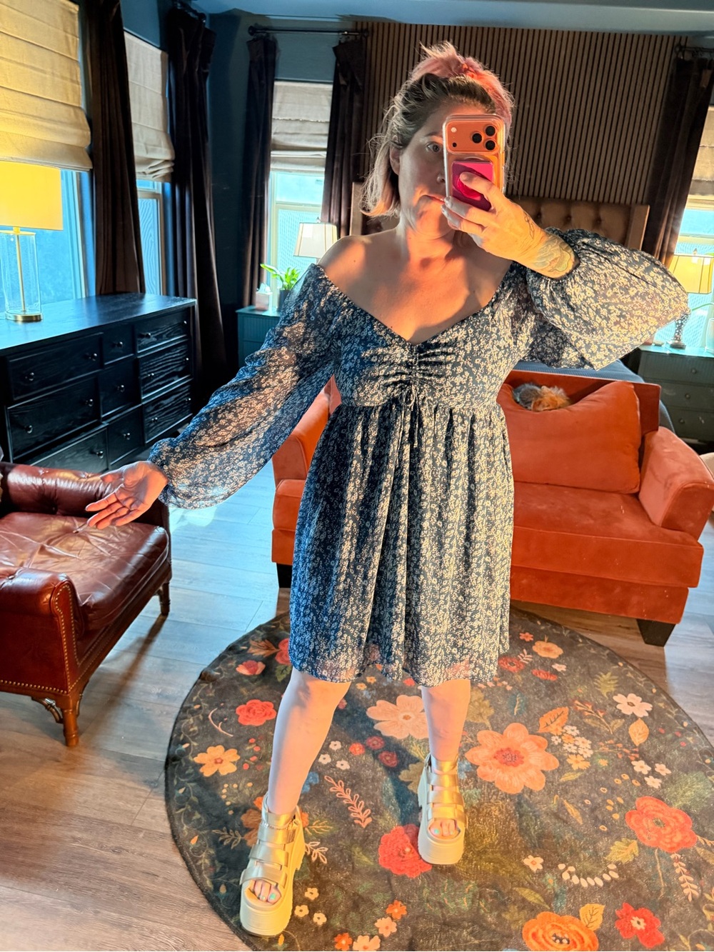 Floral Off-Shoulder Long Sleeve Mini Dress - Blue